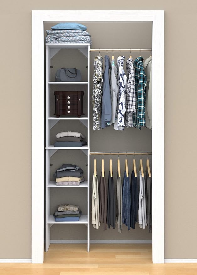 ClosetMaid SuiteSymphony Small Closet Organizer Starter Kit with Tower and 3 Hang Rods, Shelves, Adjustable, Customizable Wardrobe Organizer System, Reach-In or Walk-In Closets, Pure White