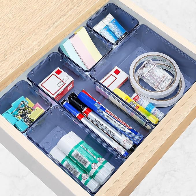 StorMiracle 25 PCS Drawer Organizer Set, 5 Varied Size Bathroom and kitchen Drawer cabinet organizer Trays, Clear Storage Bins for Makeup, Jewelry, Utensils and Gadgets, Dark Blue