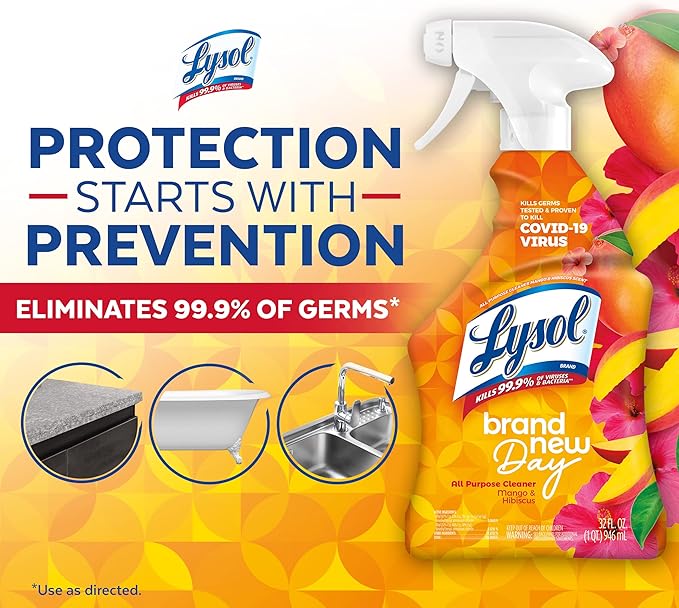 Lysol All Purpose Cleaner Spray, Multi-Purpose Disinfecting Spray, Kitchen & Bathroom Cleaner, Mango & Hibiscus Scent, 32 Fl Oz (Pack of 2)