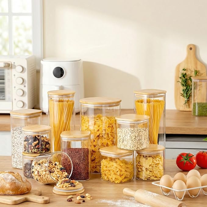 HomArtist Square Glass Jars with Bamboo Lids 79 FL OZ [Set of 3], Glass Canisters with Airtight Lid, Glass Food Storage Containers for Spaghetti, Fettuccine, Linguine,Pasta, Best for Kitchen & Pantry