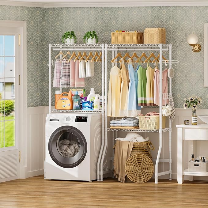 Golpart Over Washer and Dryer Shelves,2 Tier Adjustable Height Wire Shelving Laundry Room Storage Organization Clothes Drying Rack with Hanger Rod&Hooks,Space Saving Organizers Shelf,White