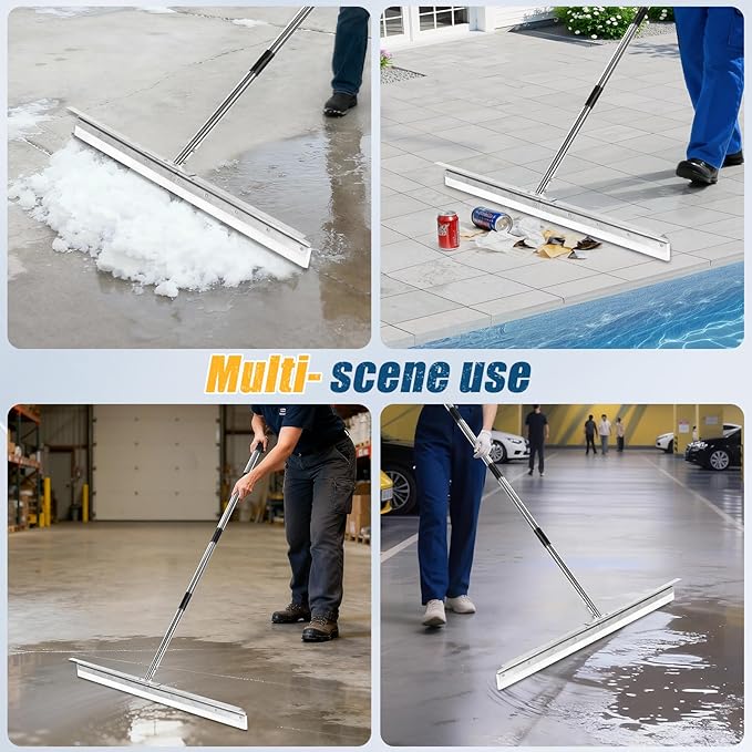 CAROD 33.4" Large Floor Squeegee for Concrete, Commercial Heavy Duty Silicone Blade Squeegee for Floor with 63" Stainless Handle, Anti-Splash Curved Baffle for Garage, Factory, and Tough Cleaning Jobs