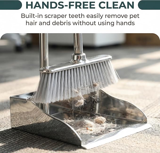 Metal Dustpan with Soft Bristles Broom Heavy Duty Stainless Steel Upright Standing Dust Pan and Broom for Sweeping Indoor Outdoor Home Kitchen Office Lobby Hardwood Floor Cleaning