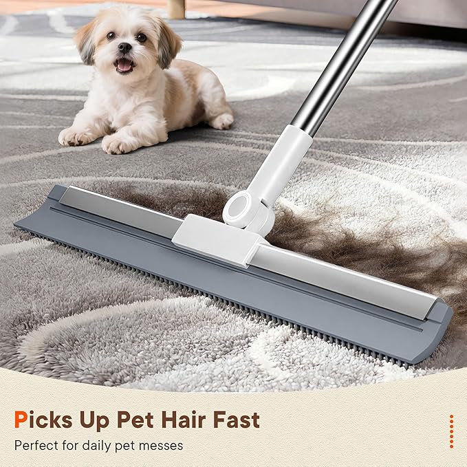 Floor Squeegee for Concrete Floors, 180° Rotating Silicone Broom, Squeegee for Floor with Long Handle and Dual-Sided Blade Design, Water and Pet Hair Remover for Bathroom Floors, Tile, Deck and Glass