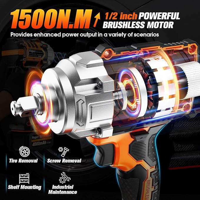 1500N.m Impact Wrench, 1/2" High Torque 1107ft-lbs Cordless Impact Gun with 2 x 4.0Ah Battery, 21V Power Impact Driver with 5 Sockets,LED Light,Electric Impact Truck RV Car Heavy Construction