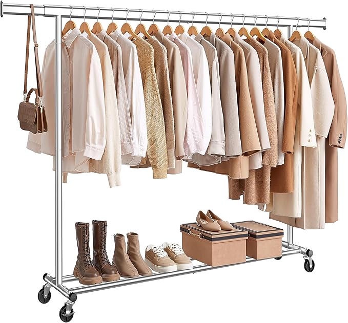 SONGMICS Cabideiro com Rodas, Suporte Resistente para Roupas, Arara Portátil com Barra Extensível, Capacidade de Carga 150 kg, Prata BRHSR175E01