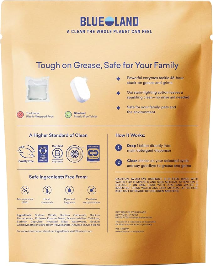 BLUELAND 100% Plastic-Free Dishwasher Detergent Tablets, 60 Count, Lemon Zest Scent, Eco Friendly Dishwashing Pods, Natural, USDA Certified biobased