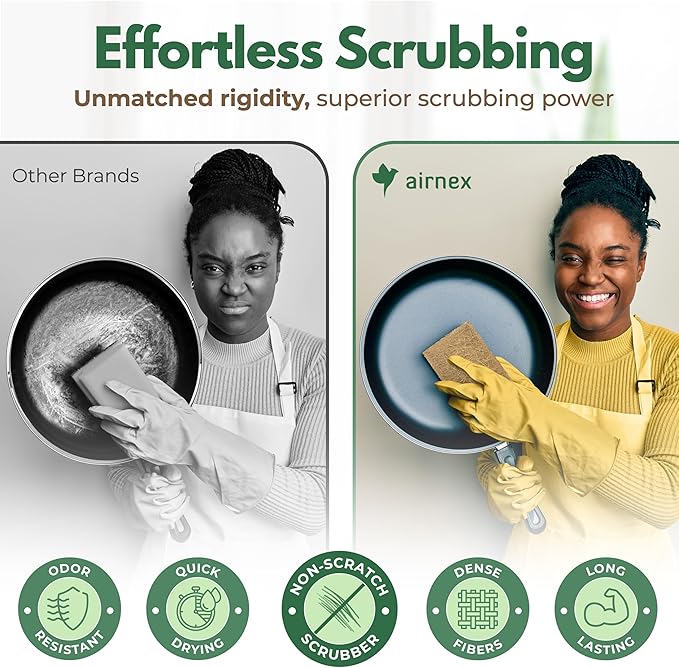 Plant-Based Scouring Pads for Dishes - Coconut Husk Non Scratch Scrub Pads - Natural Kitchen Scrubbing Pads for Pots & Pans - Eco Friendly & Non Abrasive Dish Scrubber Pads - Pack of 12