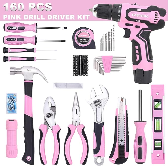 FASTPRO 160-Piece Pink Tool Set with 12V Cordless Lithium-ion Drill Driver, Lady's Home Repairing Tool Kit with Drill in Storage Case, For DIY, Home Maintenance