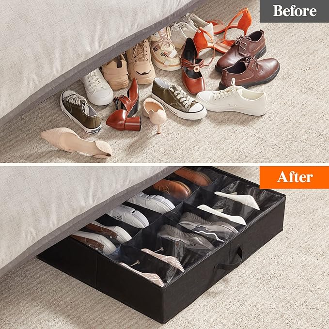 Lifewit Under Bed Shoe Storage Organizer Set of 2, 4.3 Inches Tall Low Profile Fabric Shoes Container Box with Clear Cover, Foldable Storage Bag with 2 Handles, Total Fits 24 Pairs of Shoes, Black