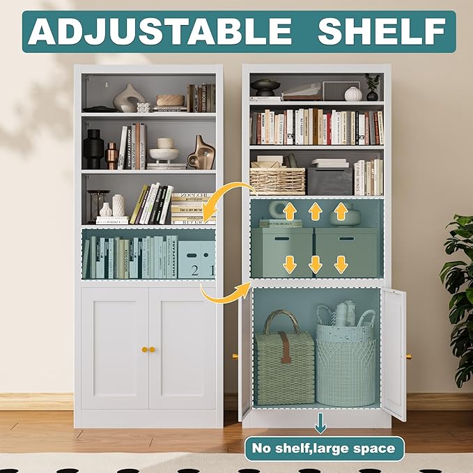 Bookcase with Doors and Adjustable Shelves, 55" Tall Metal 5-Tier Storage Cabinet, Freestanding Bookshelf for Living Room, Home Office, Bedroom, Kitchen Pantry Organizer Rack (White)