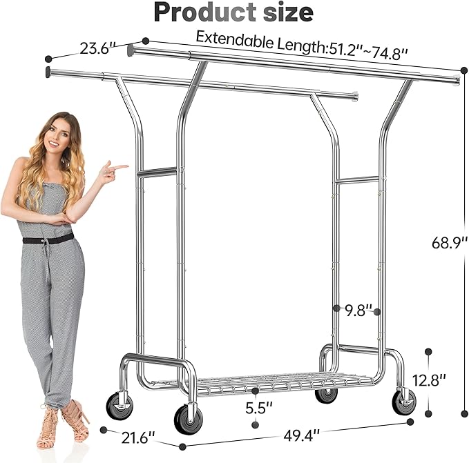 Raybee Heavy Duty Clothes Rack Load 630 LBS, Double Rods Rolling Clothing Rack with 360° Lockable Wheels, Easy Assembly, Portable Adjustable Garment Rack with Shelves for Home & Commercial, Chrome