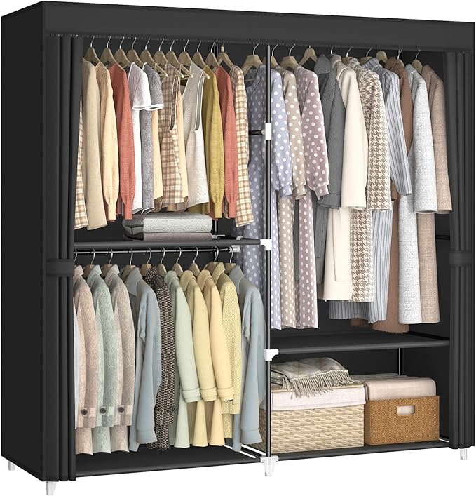 MOGELAFOO 62.5" Closet Wardrobe, Portable Closet for Bedroom, Freestanding Clothes Rack with Non-Woven Fabric Cover, 3 Hanging Rods, 4 Storage Shelves, Clothes Storage Organizer, Black