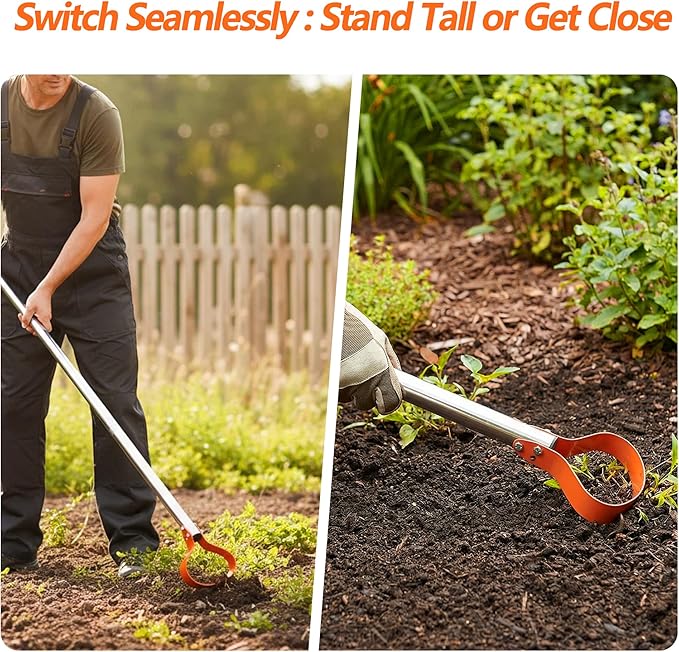 63-Inch Stirrup Hoe Garden Tool - Action Hoe with 15° Sharp Spring Steel Blade & Anti-Loosening Nut, Adjustable Long Handle Weeding Tool for Flower Beds, Yard, and Farm Weeding