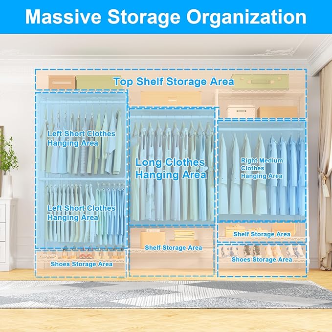 Ulif E13 Pro Heavy Duty Clothes Rack（With 4 Hanger Rods & 8 Shelves） Freestanding Clothing Racks for Hanging Clothes，Adjustable Closet，Metal Garment Rack 75" W x16 D x77 H，Max Load 1000LBS，White