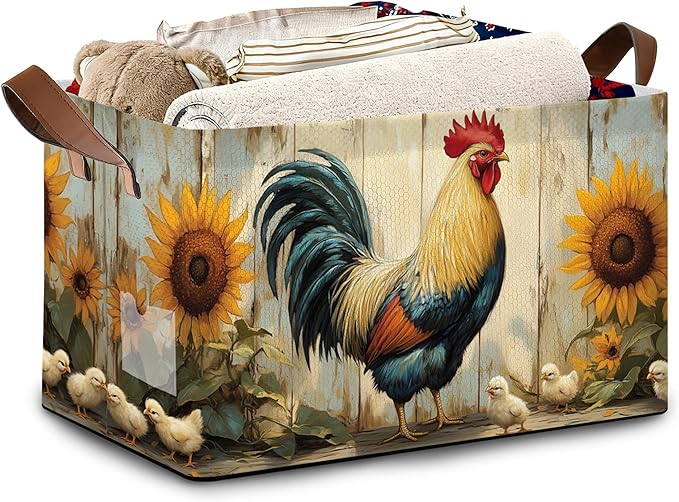 Retro Rooster Storage Basket with Handles,Chicken Sunflower Collapsible Rectangle Organizer Bin for Room Decoration Books Box Baskets 17x11.5x10Inch