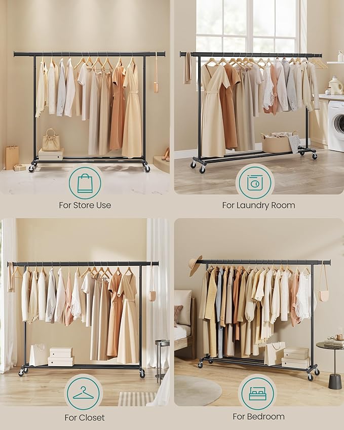 SONGMICS Clothes Rack with Wheels, Heavy-Duty Clothing Rack for Hanging Clothes, Portable, 17.7 x (63-78.7) x 63.6 Inches, with Extendable Hanging Rail, 330 lb Load Capacity, Black UHSR175B01