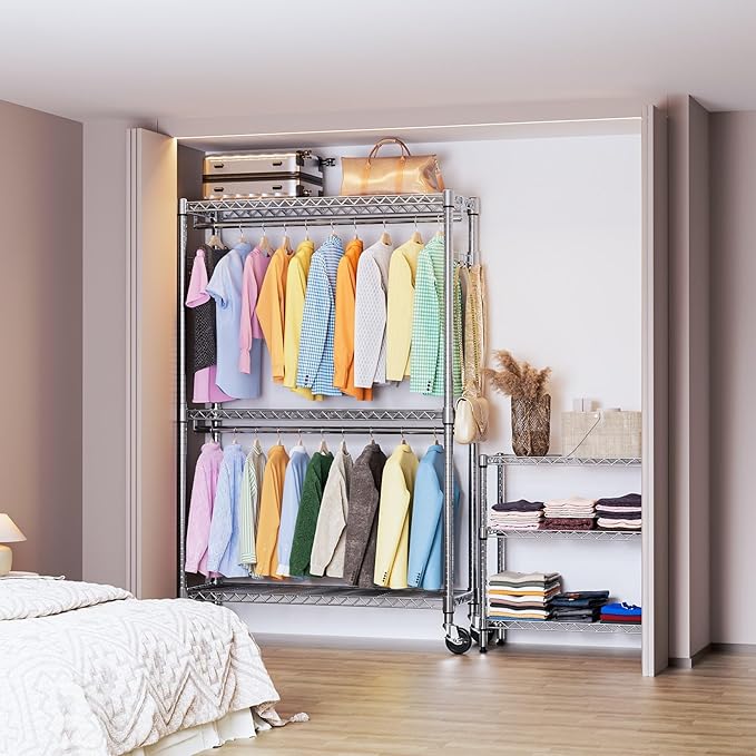 IZEUK Heavy Duty Rolling Garment Rack Wire Clothes Rack for Hanging Clothes (Chrome, 3 Tier with 2 Rod, 15.7" D x 45.3" W x 79.6" H)