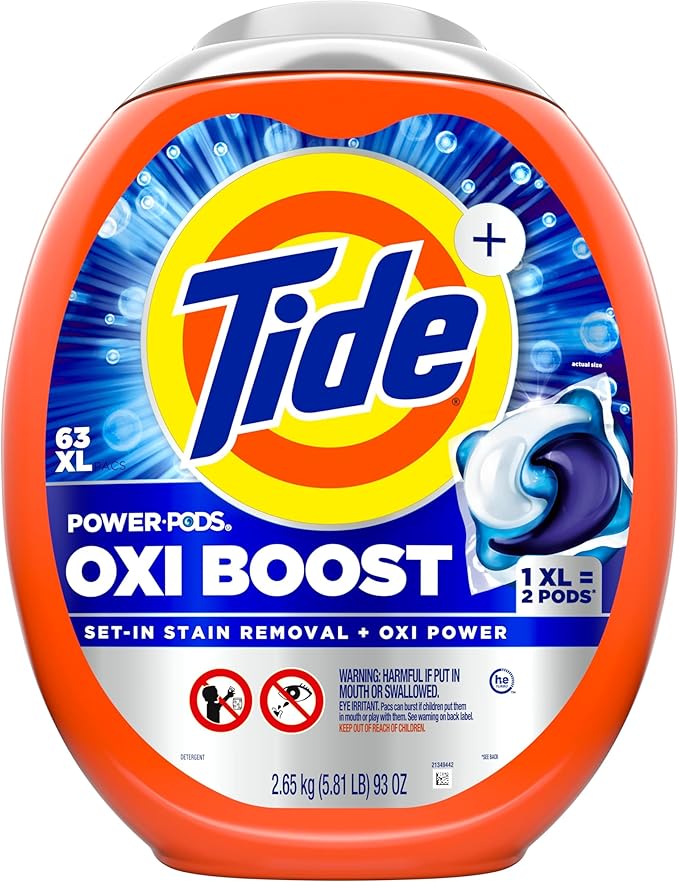 Tide Oxi Boost Power PODS Laundry Detergent Pacs, 63 Count, Set-In Stain Removal + Oxi Power, laundry soap detergent pacs