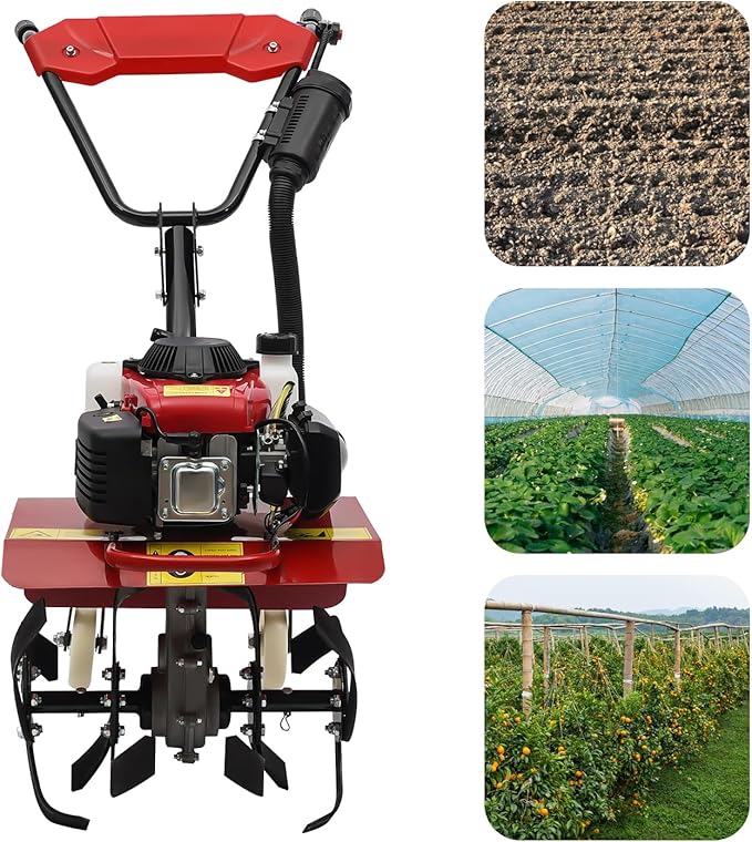 Garden Tiller Cultivator, 4-Stroke 63CC Gas Powered Tiller Cultivator Garden Yard Rototiller Tilling Tool Gas Tiller- Ideal with Long Handle for Plowing Turning Soil Ditching