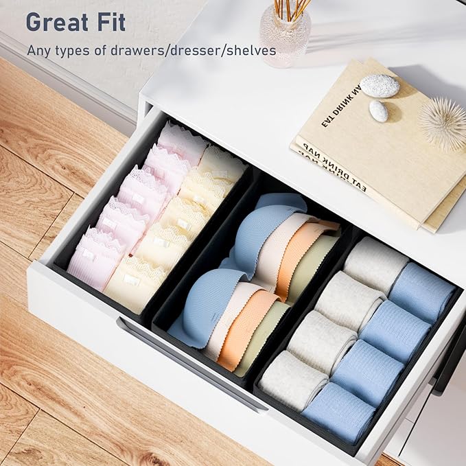 DIMJ Drawer Organizer - Small Clothes Organizer Set of 3, Drawer Dividers for Baby Clothes, Underwear, Socks, Bra, Belt, Tie - Black