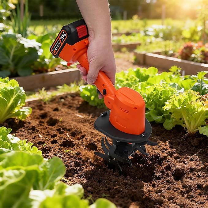 Cordless Mini Tiller Cultivator, 21V Electric Handheld Tiller for Gardening, Lightweight Soil Ripper Garden Tool with 1500mAh Battery & 10cm Tilling Width, Orange ABS Body, Ideal for Home Lawn, Yard