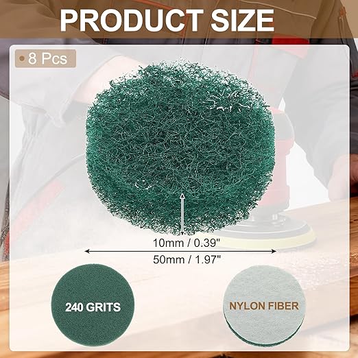 uxcell 8Pcs Scrubber Scouring Pad, 2 Inch 240 Grits Drill Power Brush Hoop and Loop Scrub Pads Discs Polishing Pad for Household Furniture Automotive Cleaning, Green