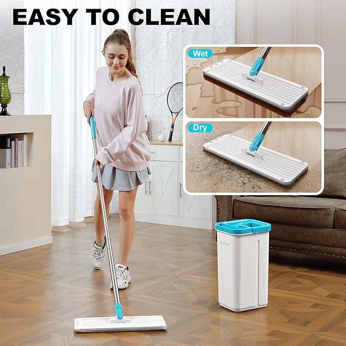 Mop and Bucket Set, Mops for Floor Cleaning Turquoise-Cyan, Wall Mop with Long Handle, Squeeze Flat Mop and Bucket System, Dry & Wet Dust Mop for Household Cleaning with 2 Microfiber Mops