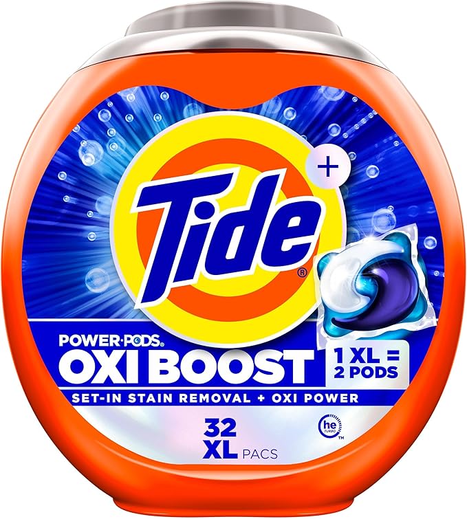 Tide Oxi Boost Power PODS Laundry Detergent Pacs, 32 Count, Set-In Stain Removal + Oxi Power, laundry soap detergent pacs