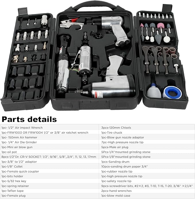 71-Piece Air Tool Kit, 1/2" Impact Wrench, 150mm Hammer, 1/4" Die Grinder, Ratchet Wrench, Air Compressor Tools with Full Accessories for Mechanics