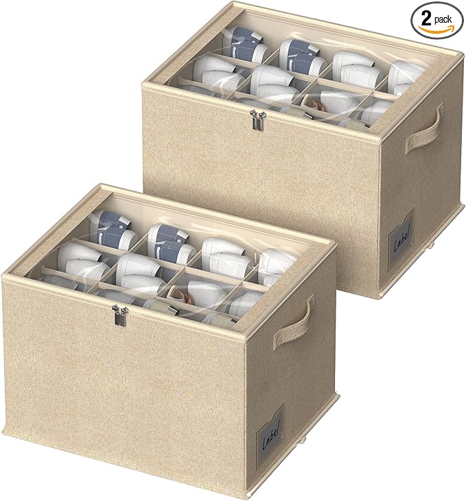 CYhom 2 Pack Shoe Organizer for Closet - Shoe Storage Bins with Clear Cover, Fabric Shoe Storage Containers with Reinforced Handles, Fits up to 24 Pairs (Beige, 16.5 * 12.6 * 12.2in)