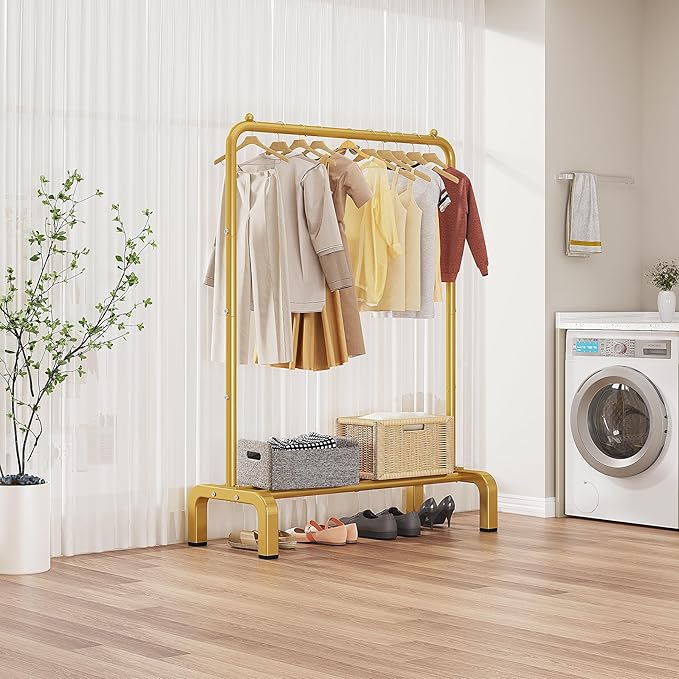 JIUYOTREE Standard Clothes Clothing Garment Rack with Storage Shelves Clothes Organizer for Hanging Clothes Coat Jacket Shirt Sweater Jeans Gold