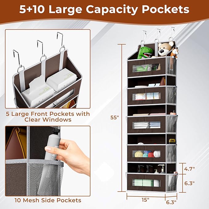 5 Tier Over The Door Organizer - Large Capacity Behind Door Hanging Shelves with 10 Mesh Pockets and Clear Windows, Closet Organizers and Storage for Bathroom, Bedroom, Nursery, Brown