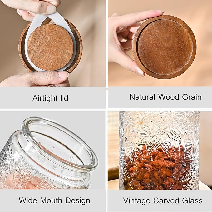 Adodeen 3-Pack 24oz Glass Jar With Airtight Lid,Kitchen Canisters For Countertop,Coffee Sugar Container Set,Pantry Glass Storage Containers For Flour,Candy,Loose Tea,Snack, mason jars