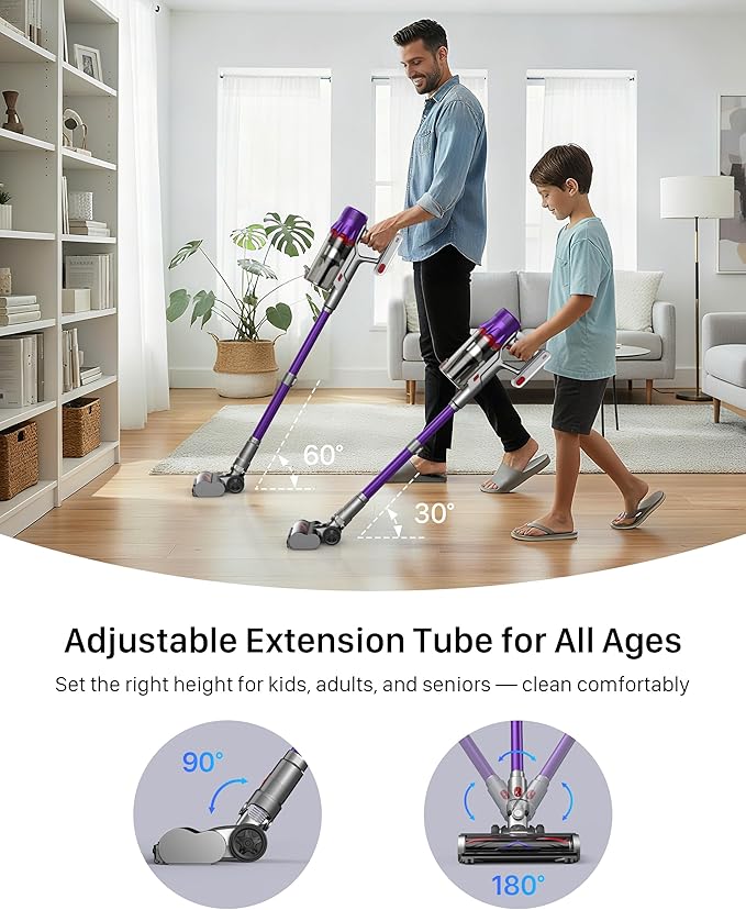 iXlion Cordless Vacuum Cleaner for Home - Powerful Stick Vacuum with HEPA Filter, 55-Min Runtime, LED Light, Anti-Tangle Brush, Detachable Battery,Lightweight Vacuum for Pet Hair,Carpets & Hard Floors
