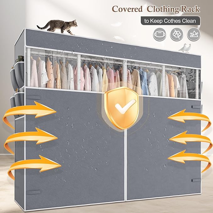 Raybee Clothes Rack with Cover,1100 LBS,Clothing Racks for Hanging Clothes Heavy Duty,Portable Closet with Shelves,Adjustable,White,75.8" W x 17.7" D x 76.9" H