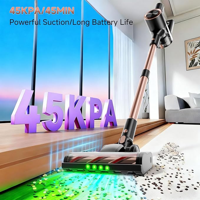 Shieal Cordless Stick Vacuum Cleaner - 45KPA Powerful Suction Vacuum with 45 Min Runtime, Detachable Battery, Anti-Tangle & 1.5L Dust Cup, 8 in 1 Vacuum Cleaner for Pet Hair, Carpet, HardFloor, Pink