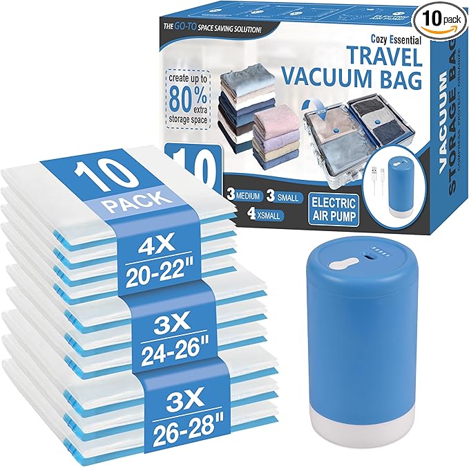 Cozy Essential Travel Vacuum Storage Bags with Rechargeable Cordless USB Pump, Space Saver Bags for Luggage, Suitcase, Carry-On, for Clothes, Blankets, Bedding & Seasonal Storage,10 Combo