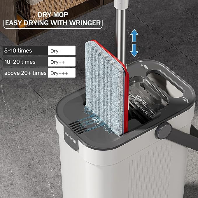 Mop and Bucket Set, Flat Mop and Bucket System with Separate Dirty and Clean Water, 3-Compartment Wall Cleaner Mop, Flat Mops for Floor Cleaning with 6 Microfiber Pads