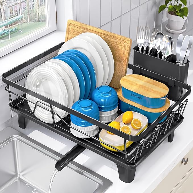 Urackify Compact Dish Drainer for Kitchen Counter - Expandable Large Capacity Drying Rack with Removable Cutlery Holder, Anti-Rust Plate Rack, Non-Slip Feet
