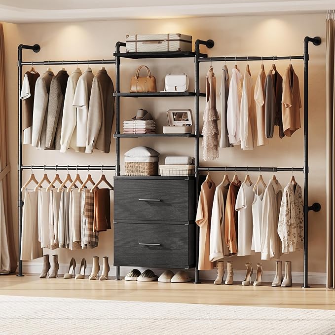 ONBRILL T2 Wall Mounted Industrial Pipe Clothing Rack, Closet Organizers and Storage System with 2 Drawers, 6 Wooden Shelves & 4 Expandable Rods, Heavy Duty Garment Rack, Wardrobe (Black))