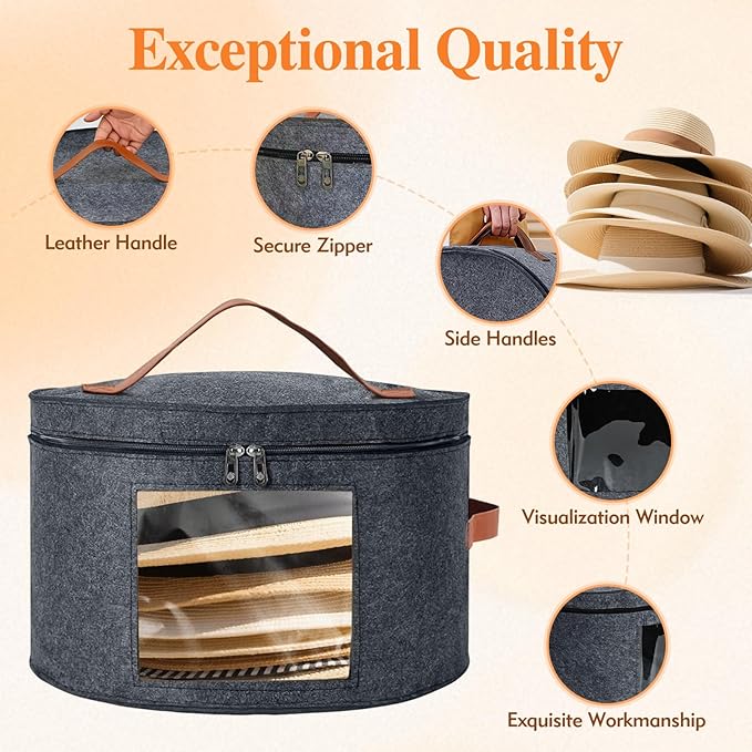 Kovpnor Round Hat Box, Stackable Felt Hat Boxes for Women Storage, Foldable Premium Hat Travel Case with Dustproof Lid, Space Saving Hat Organizer (Grey)