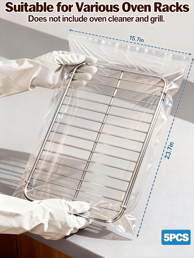 Oven Rack Cleaning Bags 5 Packs, Heavy Duty No Scrub Oven Grate Cleaning Bags, Reusable Leak-Resistant PE Bags for Deep Soaking Grill Grates & BBQ Racks, No Racks Included