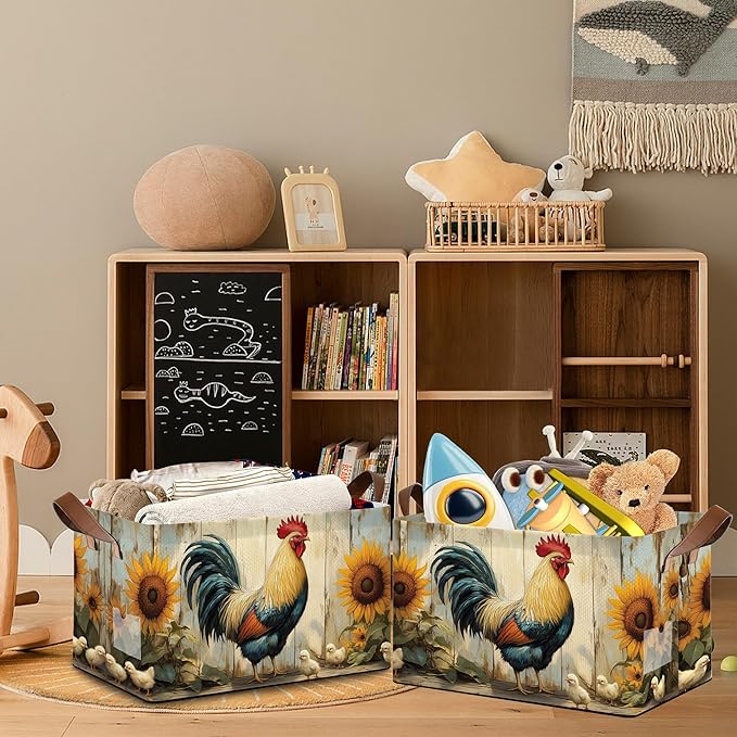 Retro Rooster Storage Basket with Handles,Chicken Sunflower Collapsible Rectangle Organizer Bin for Room Decoration Books Box Baskets 17x11.5x10Inch