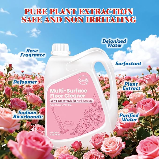 Snowlily 33.8 FL OZ Floor Cleaning Solution Compatible with Robot Vacuum, Residue & Streak Free, Low Foam Floor Cleaner for Mopping, for All Robot Vacuum Mops & Wet Dry Vacuum Cleaners, Rose