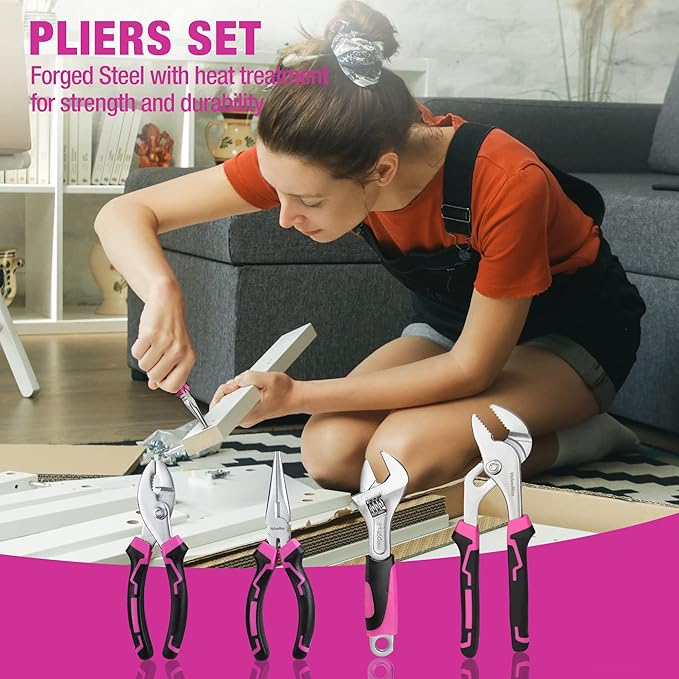 ValueMax Home Tool Kit with Drill, 233-Pieces Pink Tool Set with 12V Cordless Lithium-ion Drill, Power Tool Set with Wide Mouth Open Storage Bag, Basic Drill Sets Combo Kit for DIY and Daily Repair