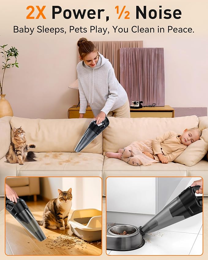 15-Minute Fast Cleaning 120㎡ Rooms Handheld Vacuum Cordless - 16000Pa Strong Suction Brushless Motor Portable Vacuum - 1000mL Dust Cup One-Touch Emptying No Mess - Ease Use for Debris Hair Cat Litter