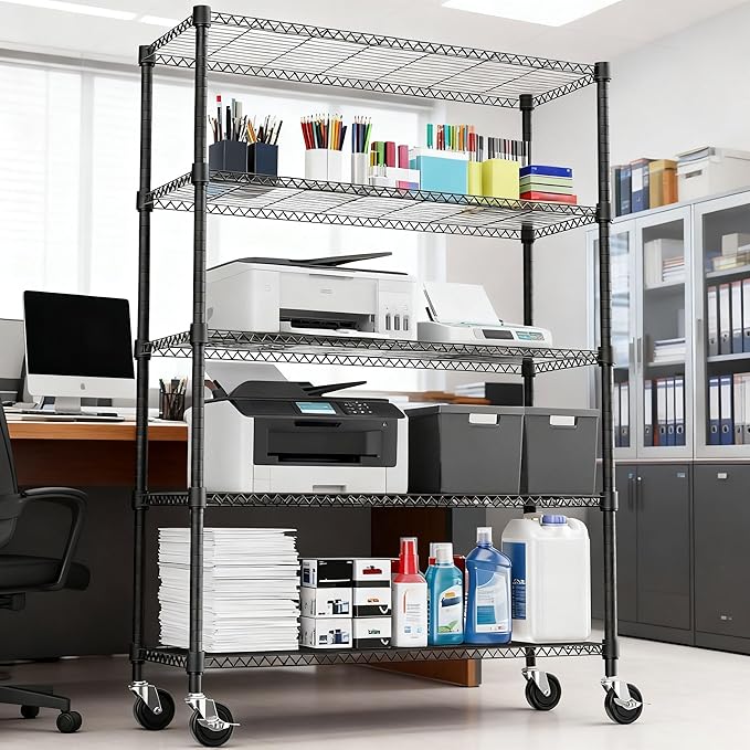M MZG 1750LBS 47.2" W 5 Tiers Storage Shelves Metal Shelving Unit with Wheels Heavy Duty Garage Shelving Adjustable Wire Shelves for Pantry,Kitchen,Garage,Basement,Black 17.7" D x 47.2" W x 76.8" H