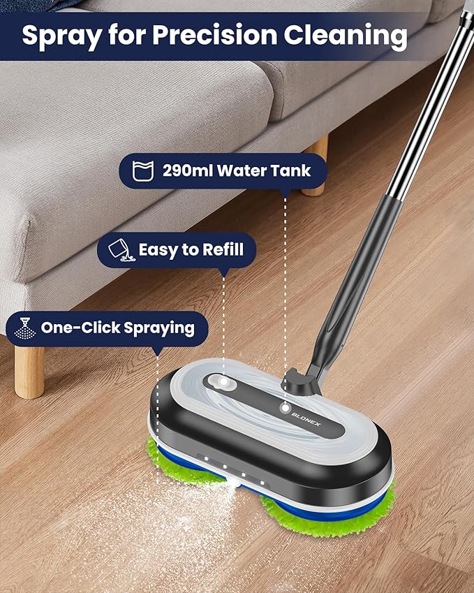 Cordless Electric Mop, Electric Spin Floor Mop with LED Headlights & Water Sprayer, Long-Lasting Battery, Large 290ml Tank, Self-Propelled Floor Cleaner with Adjustable Tube for All Floors