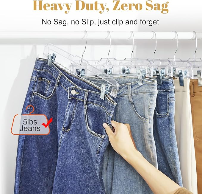 HOUSE DAY Clear Skirt Hangers with Clips, Non-Slip Pants Hangers for Closet, Clip Hanger for Pant, Skirts, Shorts, 14'' Clear Plastic Hanger, Pack of 25